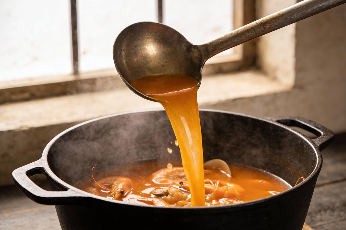 Finished Lowcountry Bouillabaisse served with rouille and parsley