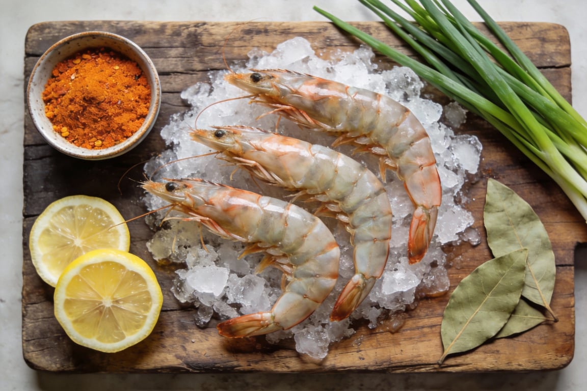 Perfectly poached Creole Prawns in a seasoned ice bath