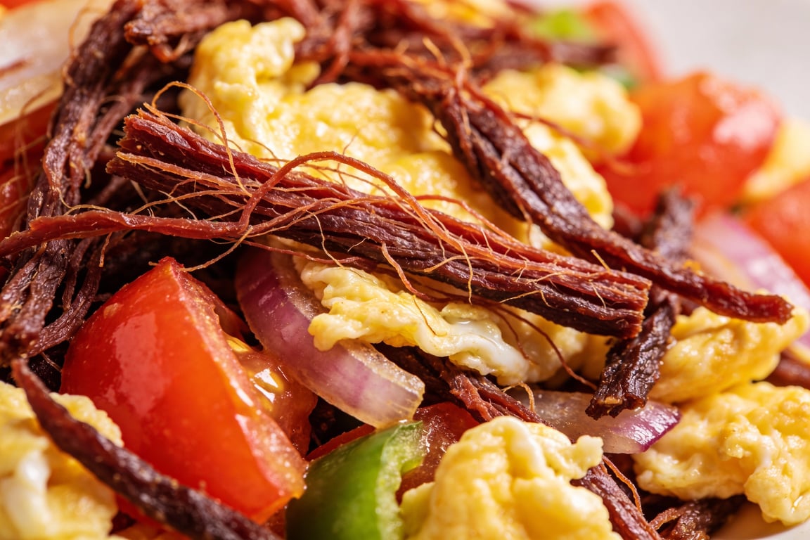 Machacado con Huevo - authentic Mexican breakfast shredded dried beef preparation