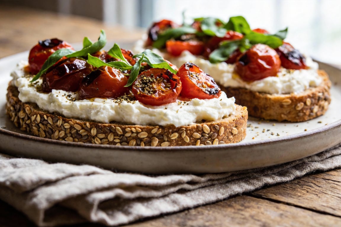 Mediterranean Cottage Cheese Breakfast Toast on sprouted grain bread
