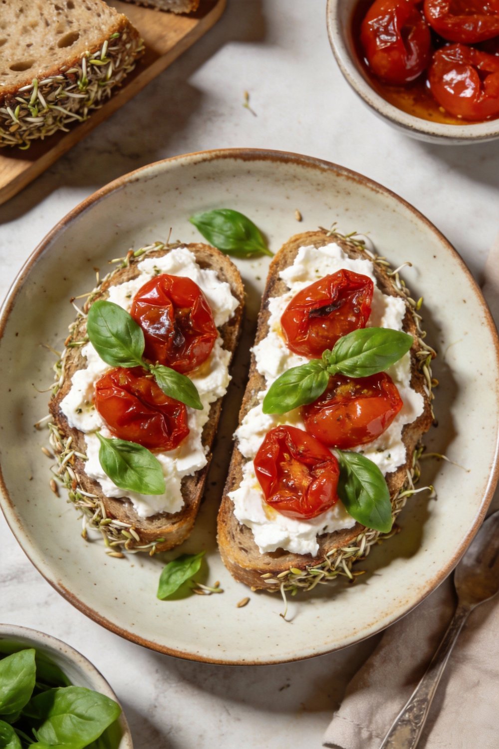 Mediterranean Cottage Cheese Breakfast Toast with Blistered Balsamic Tomatoes