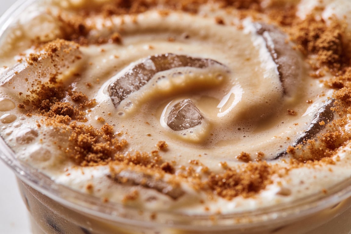 A finished frozen Mexican coffee served in a glass with a cinnamon rim