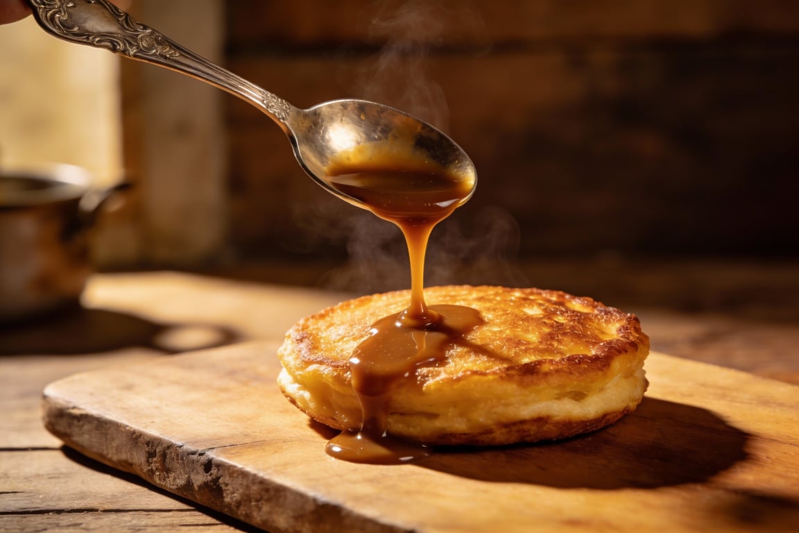 Drizzling warm goat's milk caramel over cajeta pancakes