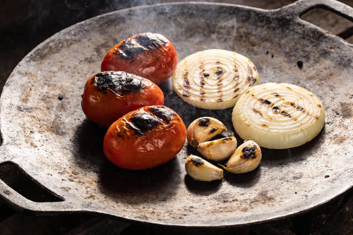 Charring vegetables for the Mexican Bouillabaisse recaudo