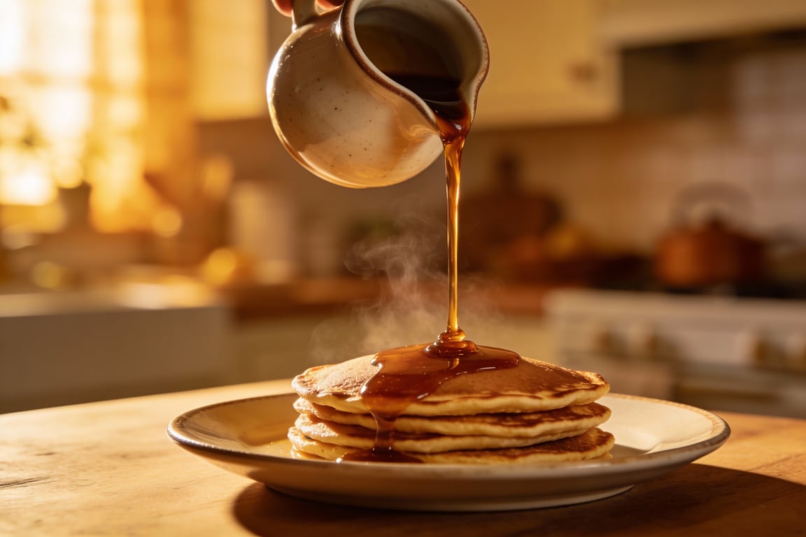 Finished stack of Mexican Spiced Oatmeal Pancakes with piloncillo syrup
