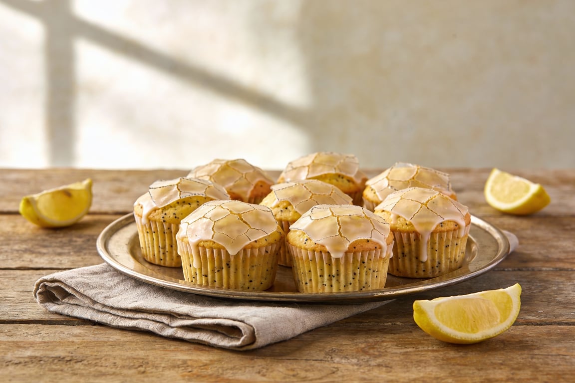 Patisserie-Style Lemon Poppy Seed Muffins with Earl Grey Crackle Glaze
