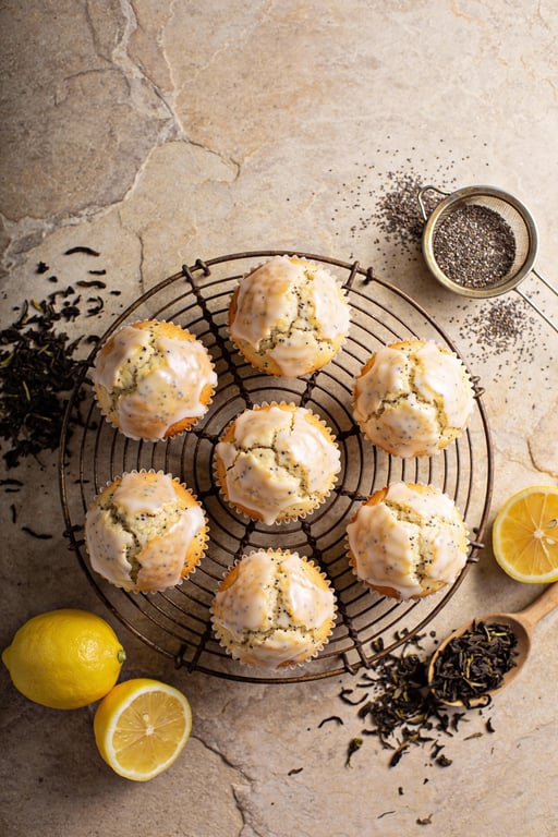 Patisserie-Style Lemon Poppy Seed Muffins with Earl Grey Crackle Glaze