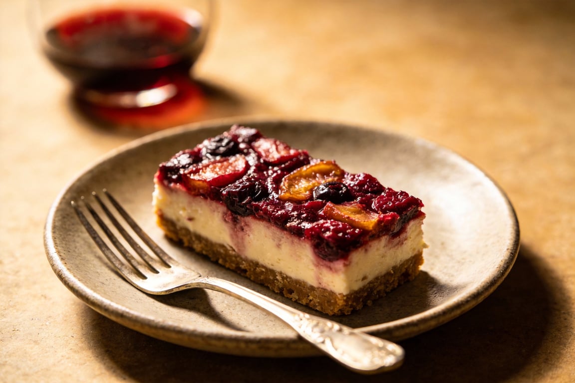 The finished No-Bake Red Wine Sangria Cheesecake Bars sliced perfectly