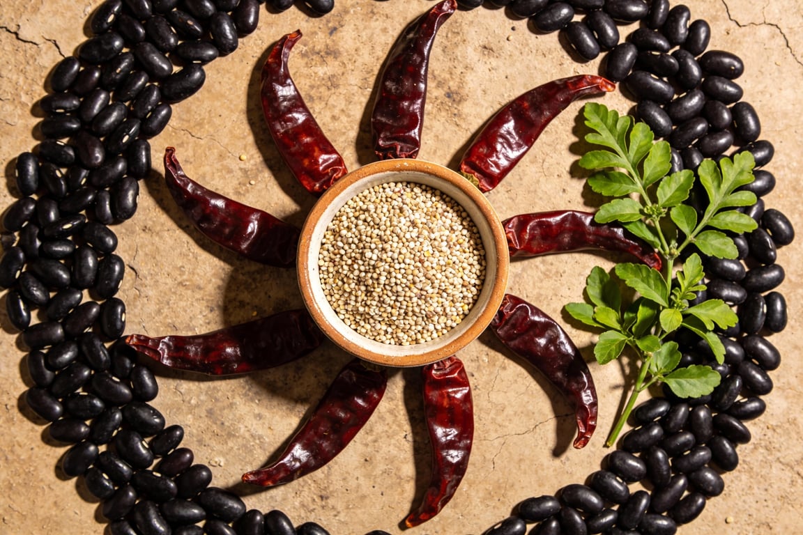 Traditional Mexican black beans with epazote and amaranth rice