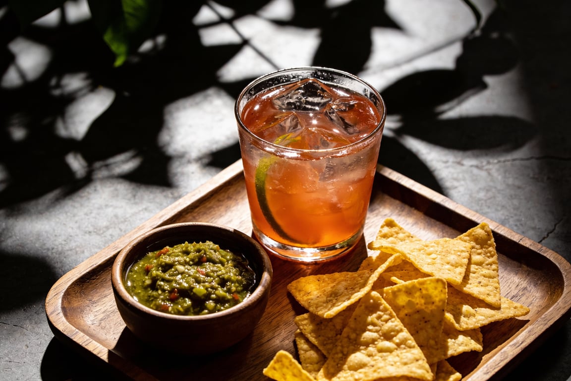 The final Mezcal Aperol Spritz garnished with orange and oregano