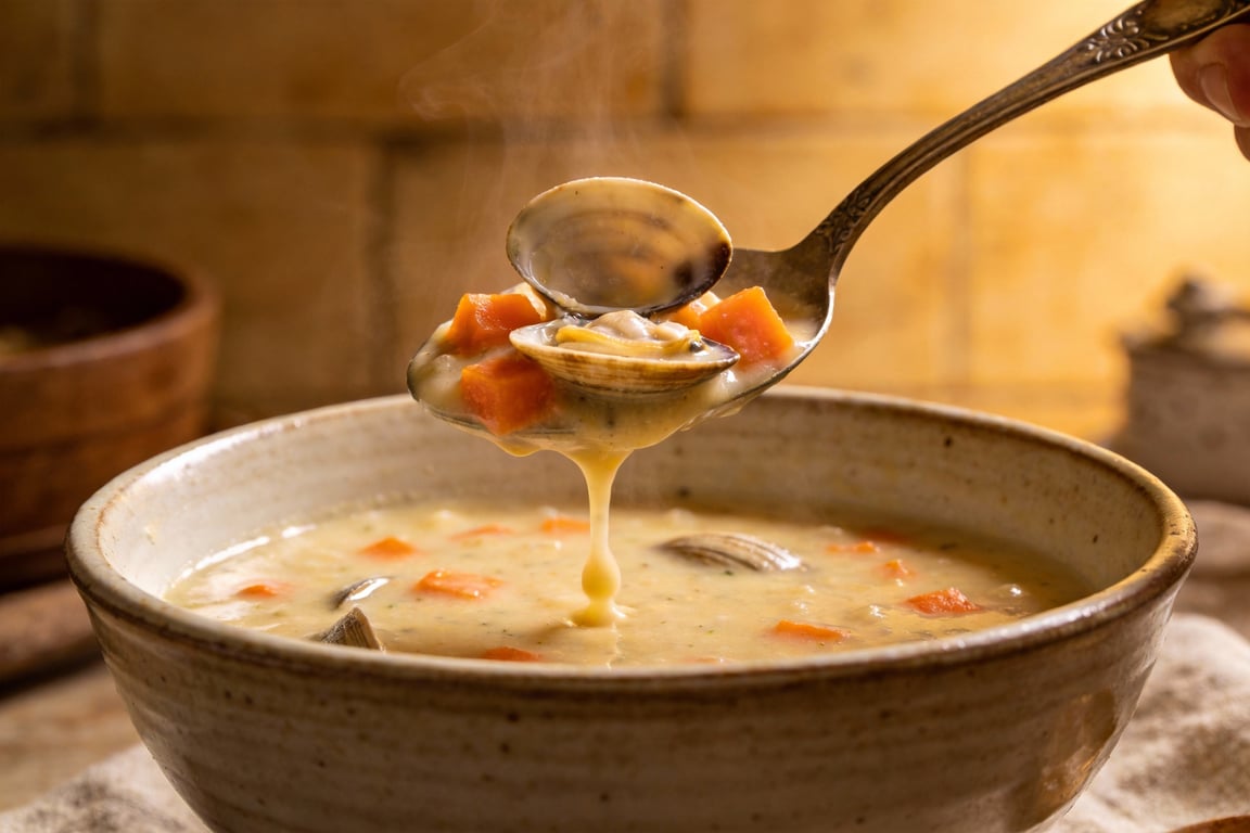 A finished bowl of authentic Manhattan Clam Chowder with parsley