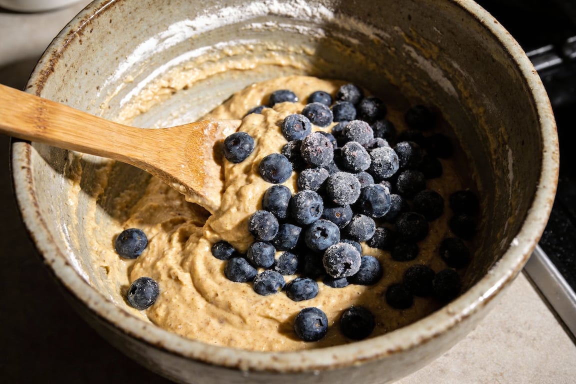 Detail shot of 20-minute blueberry muffins on a cooling rack