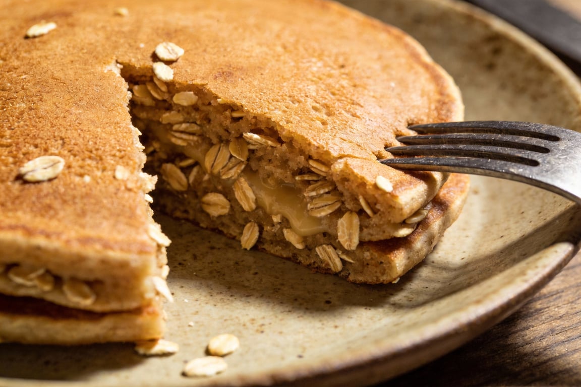 Cooking no flour pancakes golden brown in a pan