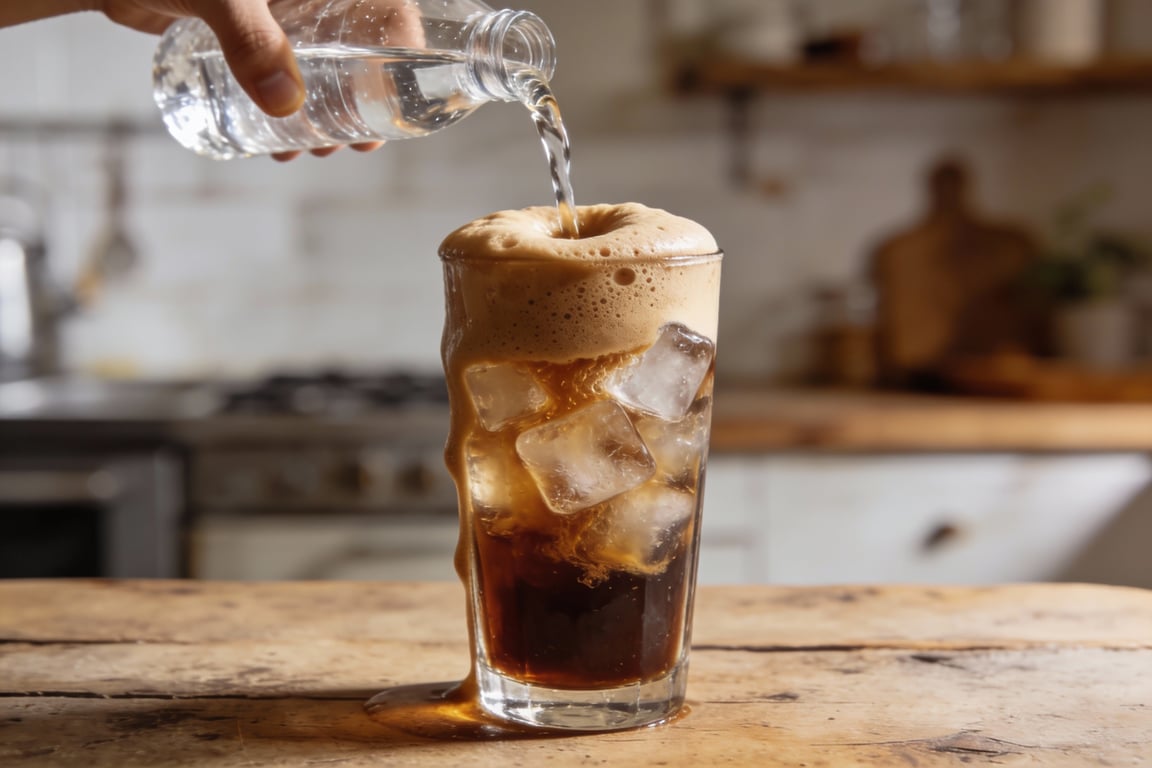 A finished Greek Frappe with thick foam and a long straw