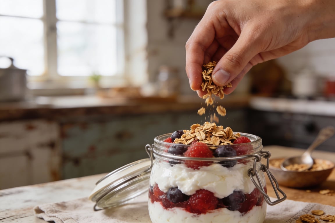 Frozen berries and chia seeds in overnight breakfast jars