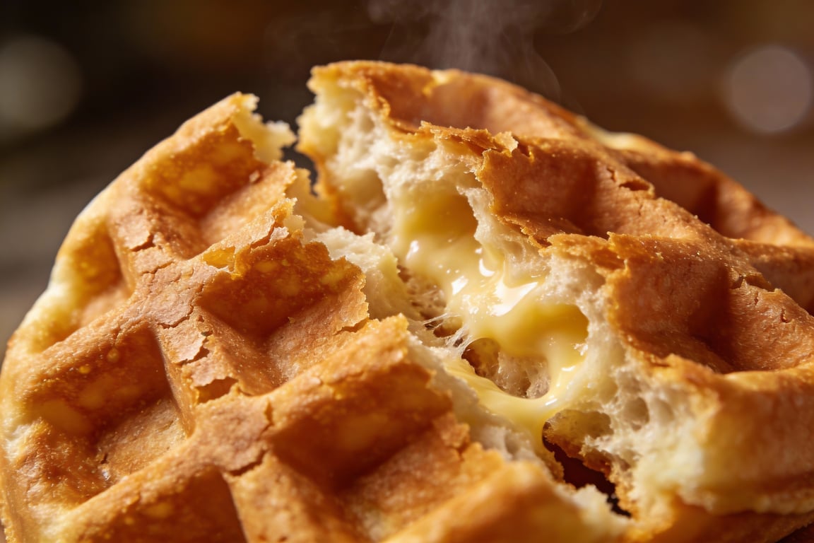 Stack of golden-brown crispy sourdough waffles on a wire rack