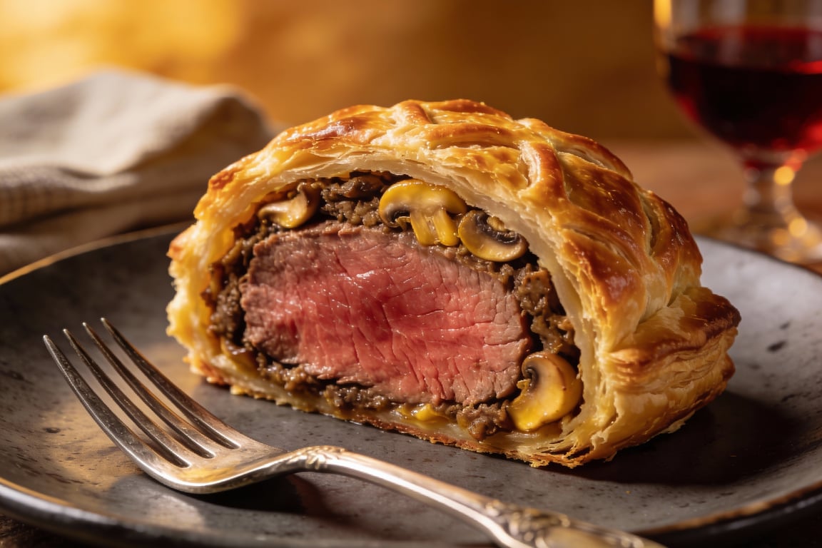 Finished Beef Wellington with Crepe showing bakery sheen