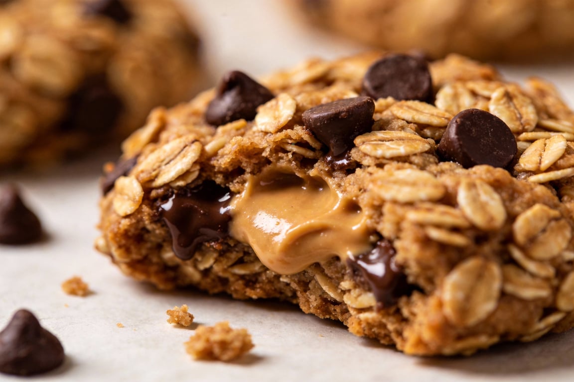 Peanut Butter Cup Oatmeal Pancakes showing the dual-oat texture