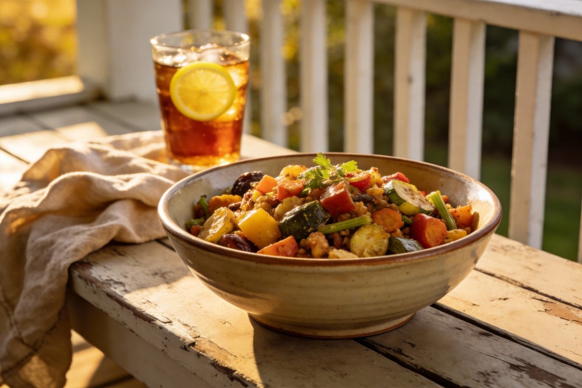 Assembled BBQ harvest bowl with grilled red onions