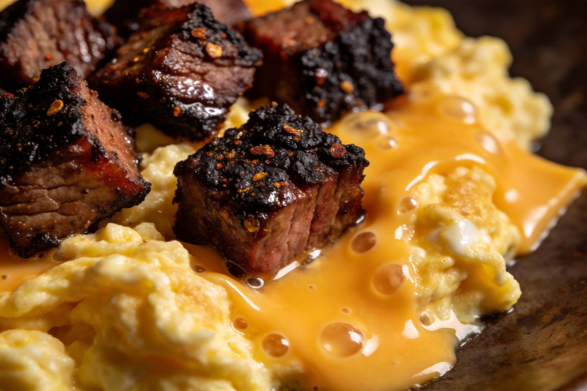 Leftover brisket scramble cooking in a seasoned cast iron skillet