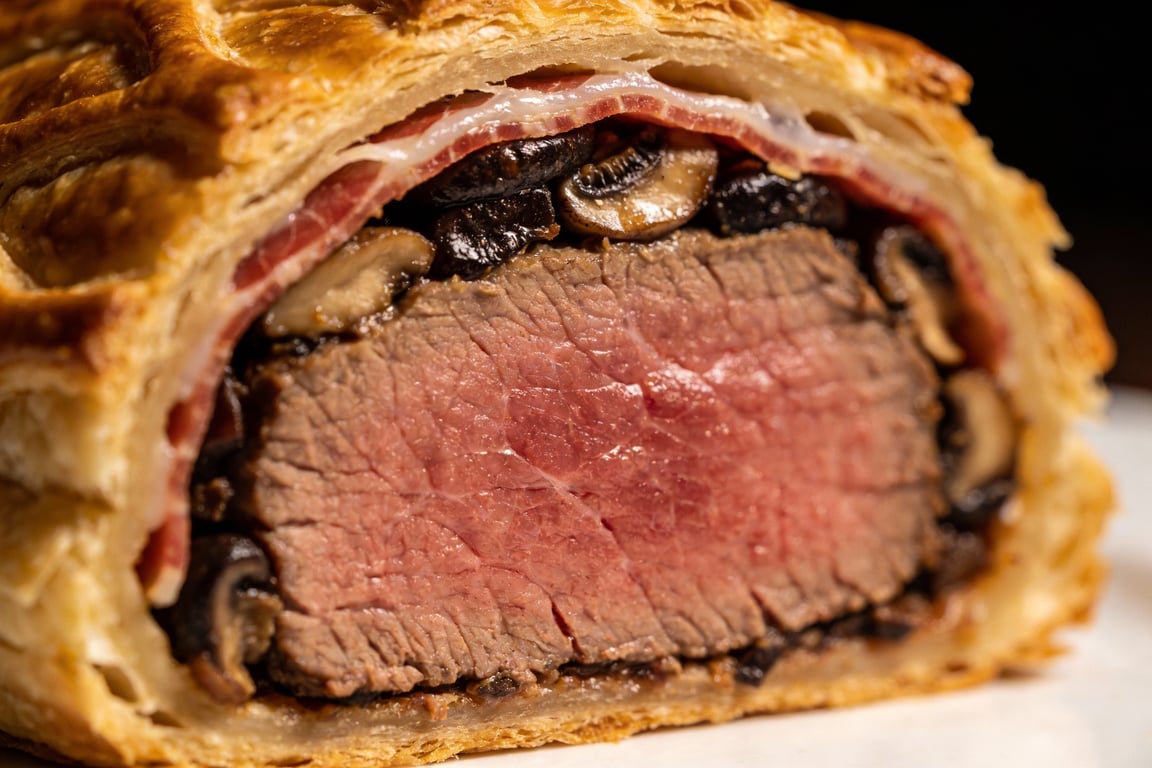 A perfectly prepared Smoked Beef Wellington showing a smoke ring and flaky pastry