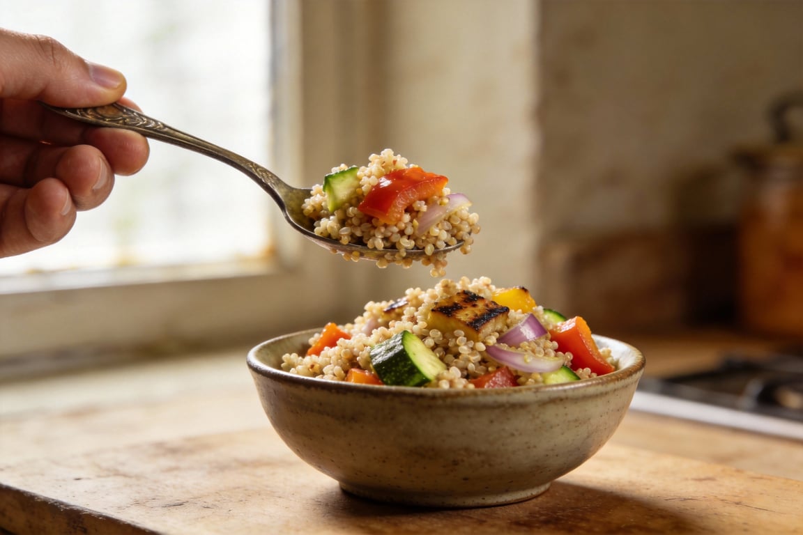 Whisking the grilled vegetable vinaigrette