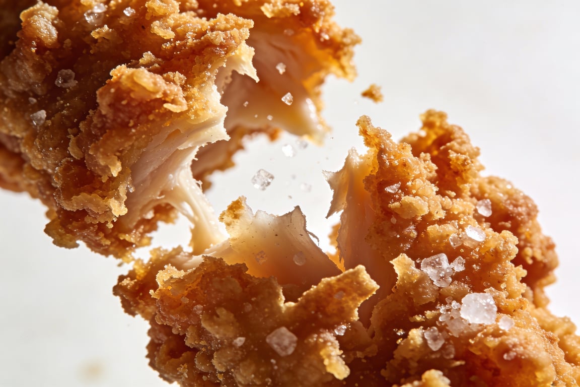 Close up of double dredged chicken showing craggy crust