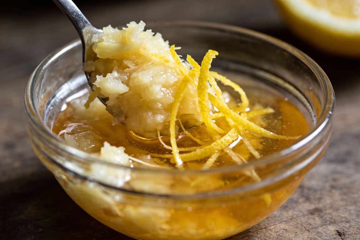 Refreshing probiotic ginger lemon tonic in a glass with lemon slices.