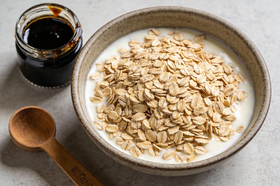 Hearty oat muffins soaking in buttermilk mixture