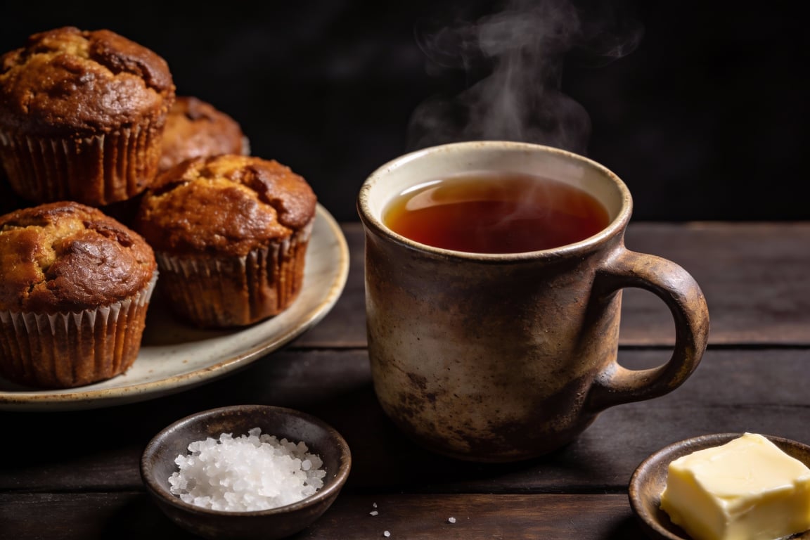Proper British muffins served with butter and black tea