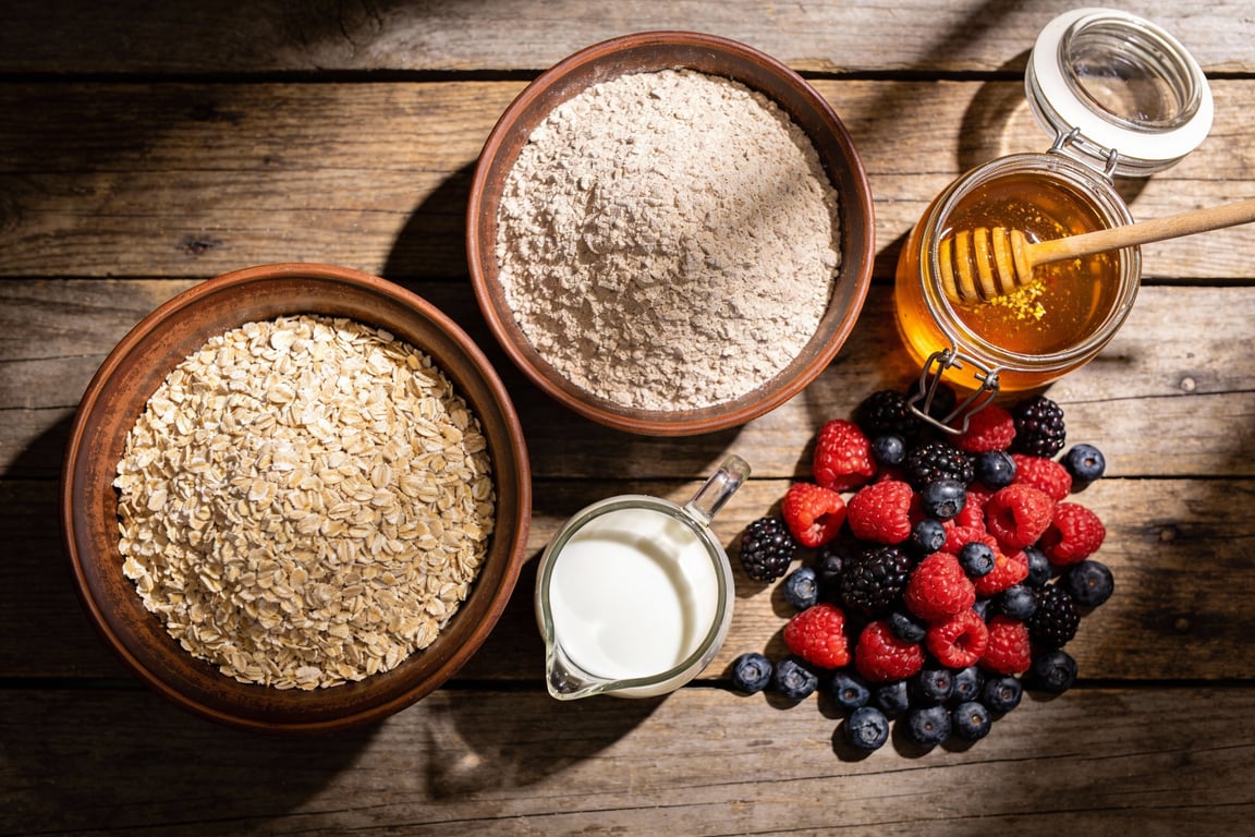 Serving a hearty oat breakfast of Staffordshire oatcakes with honey and berries