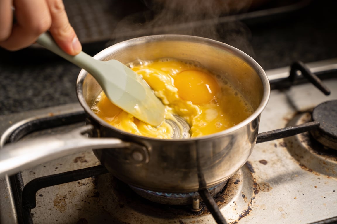Using the off-and-on method for creamy scrambled eggs
