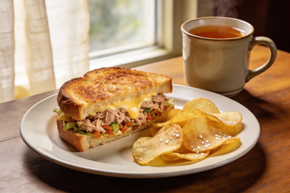 The mature cheddar tuna melt bubbling under the grill