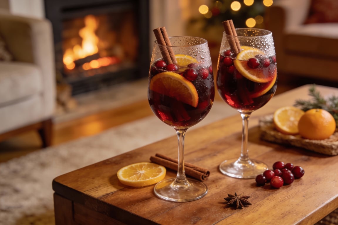 The final Winter Spiced Sangria served in a heavy glass mug