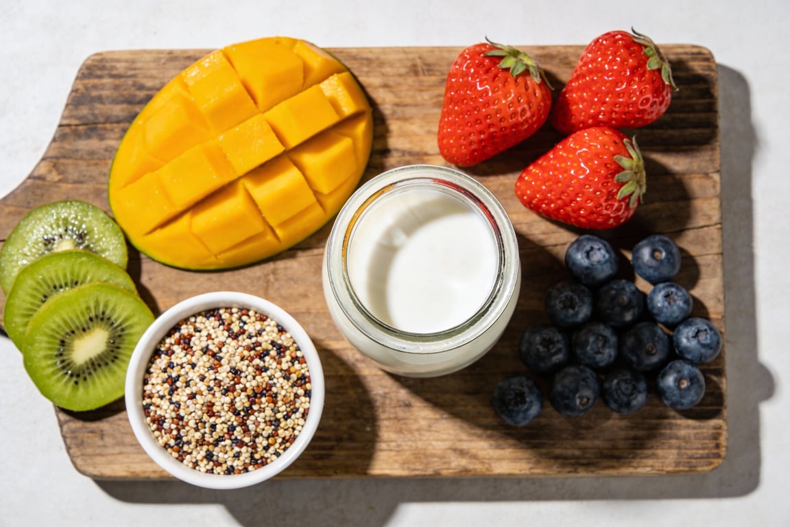 Rainbow Breakfast Buddha Bowl ingredients in saucepan
