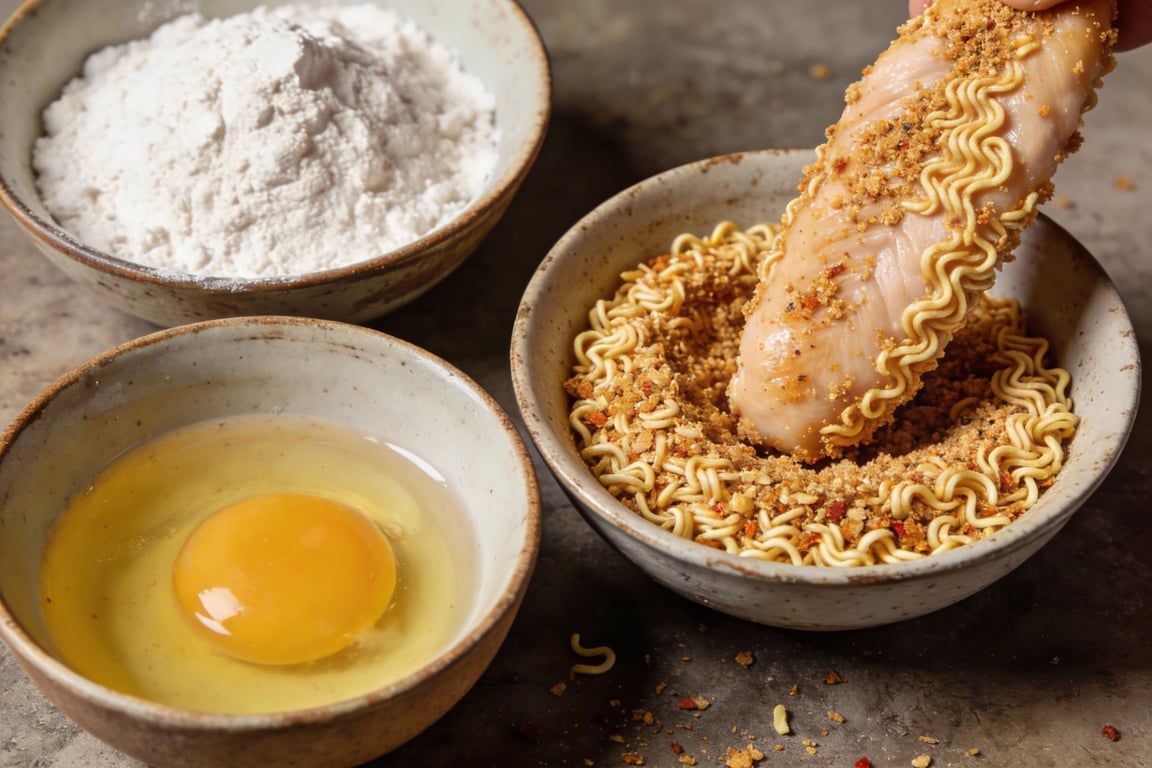 Golden brown crunchy ramen crusted chicken