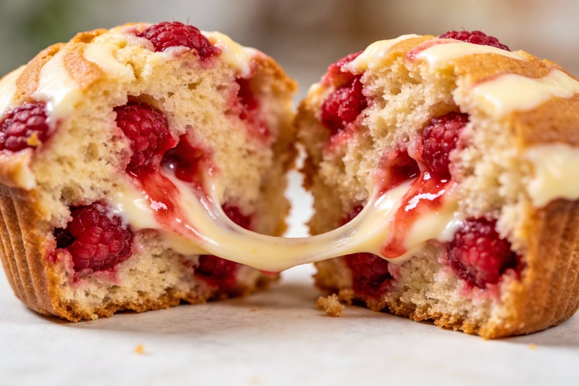 Freshly baked raspberry cheesecake swirl muffins with golden tops