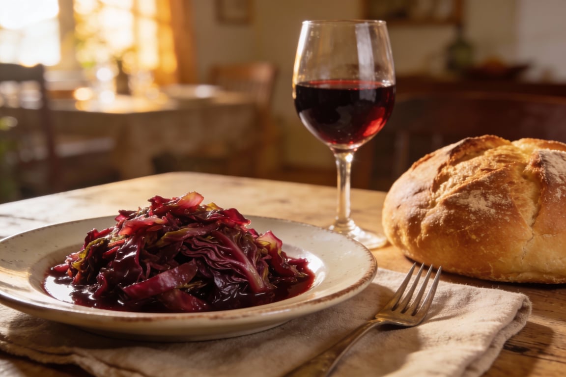 The final retro steakhouse red wine braised cabbage served in a ceramic dish