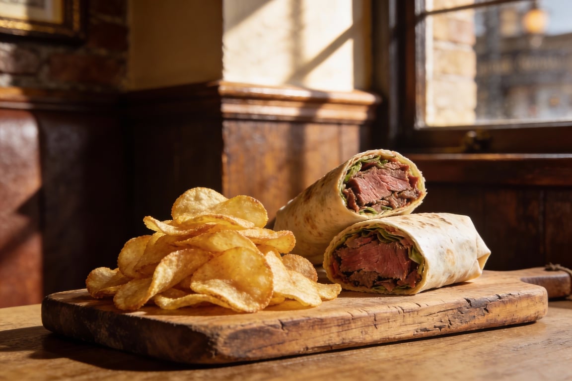 The completed roast beef and horseradish wrap, a British pub lunch idea