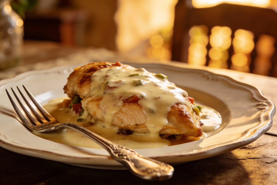 Final Pollo a la Poblana plated with Mexican crema sauce