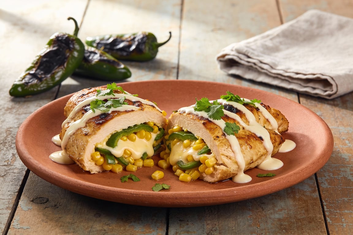 Roasted Poblano and Corn Stuffed Chicken (Pollo a la Poblana)