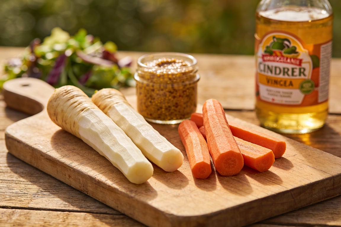 Roasted Root Vegetable Quinoa Salad ingredients on a wooden board