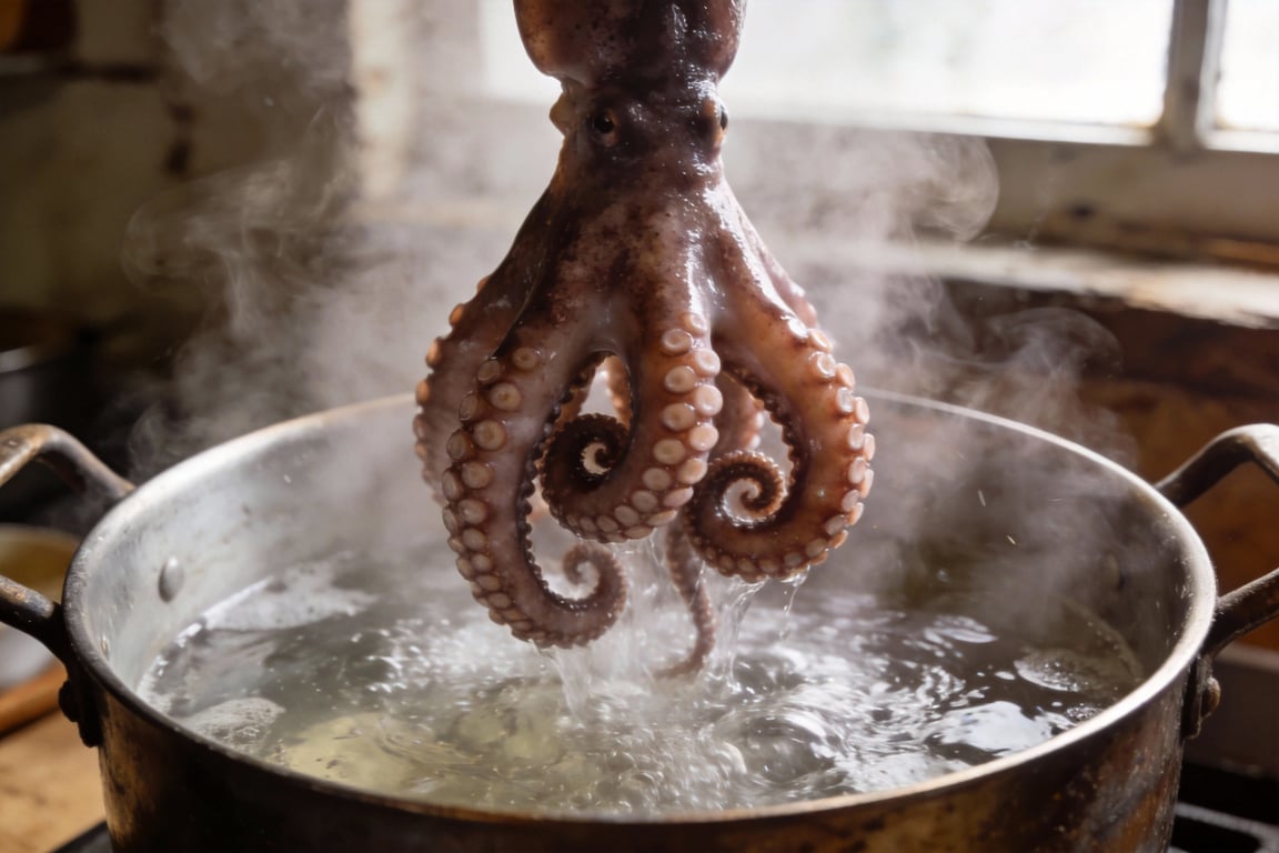 Preparation of a cold octopus salad with vinegar dressing and aromatics