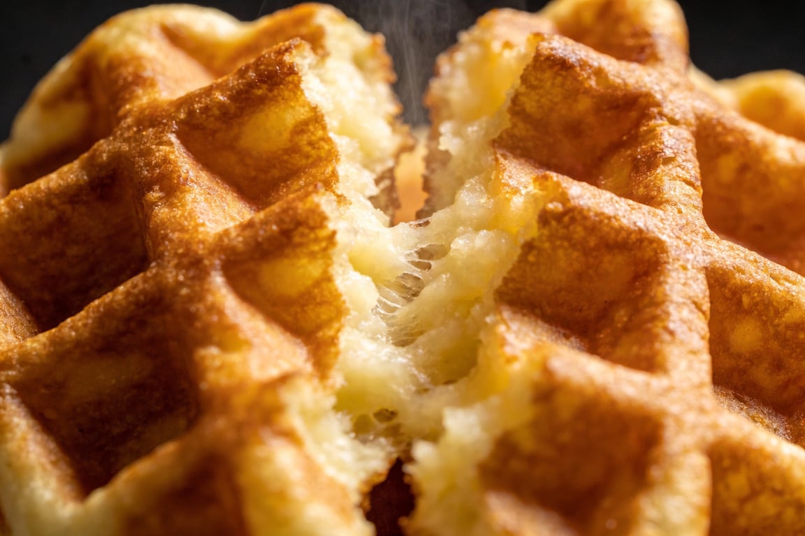 Close up of savory waffles showing texture and grated cheese