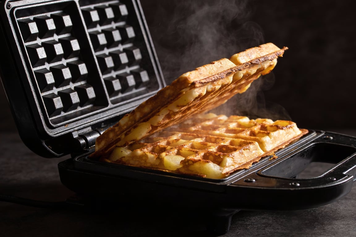 Steaming potatoes in a pot for the perfect waffle base