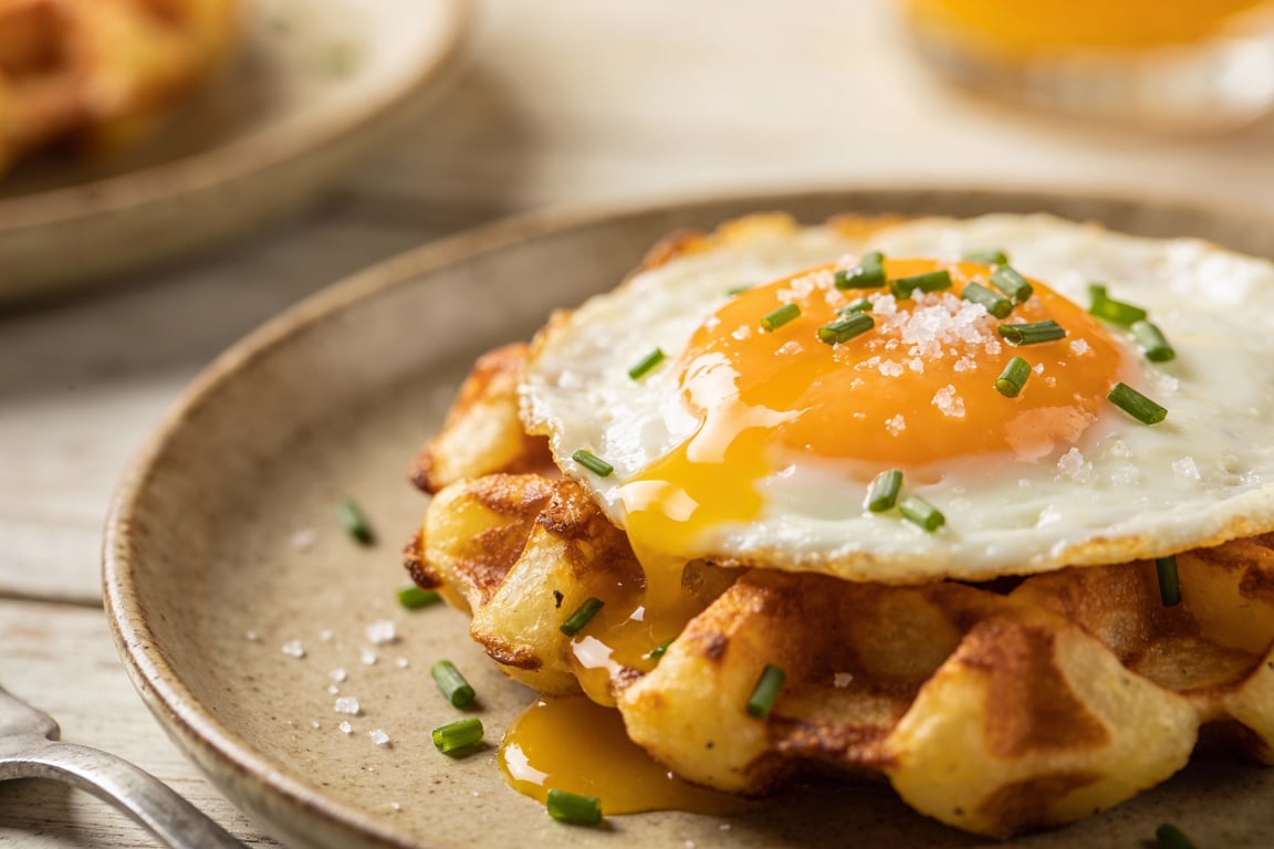 A proper English breakfast plate featuring homemade potato waffles