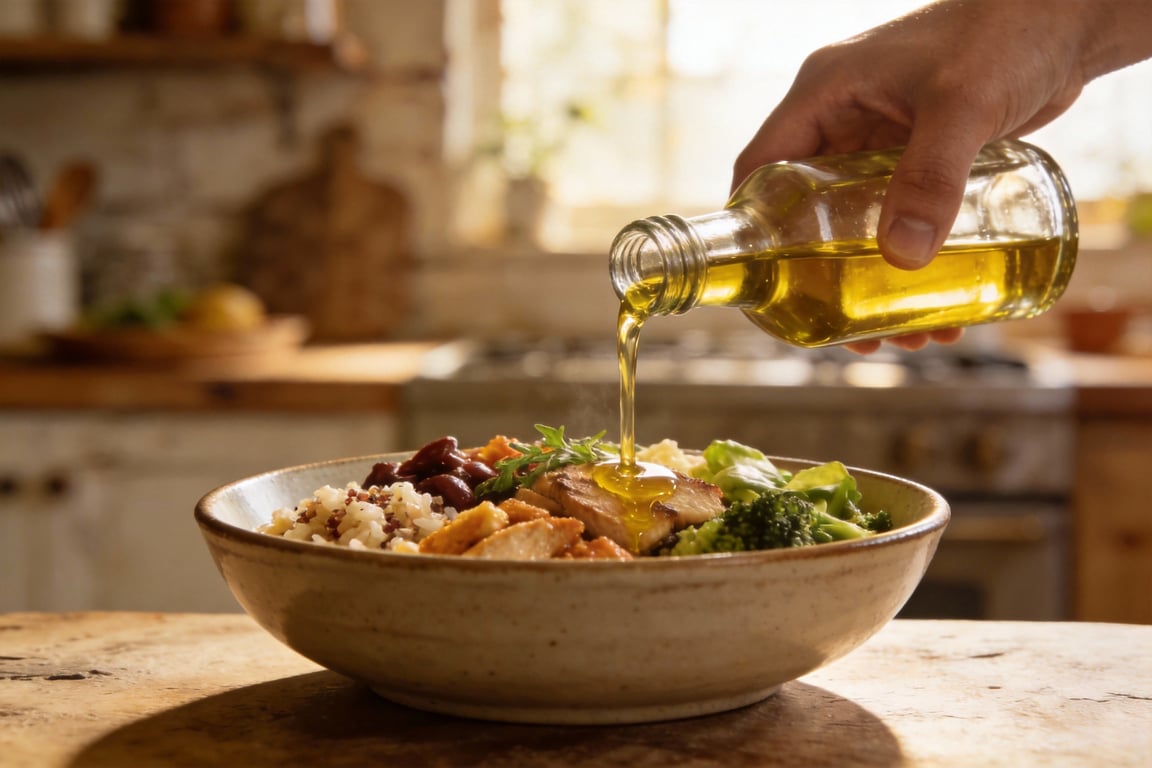 Assembling the savory Mediterranean cottage cheese bowl