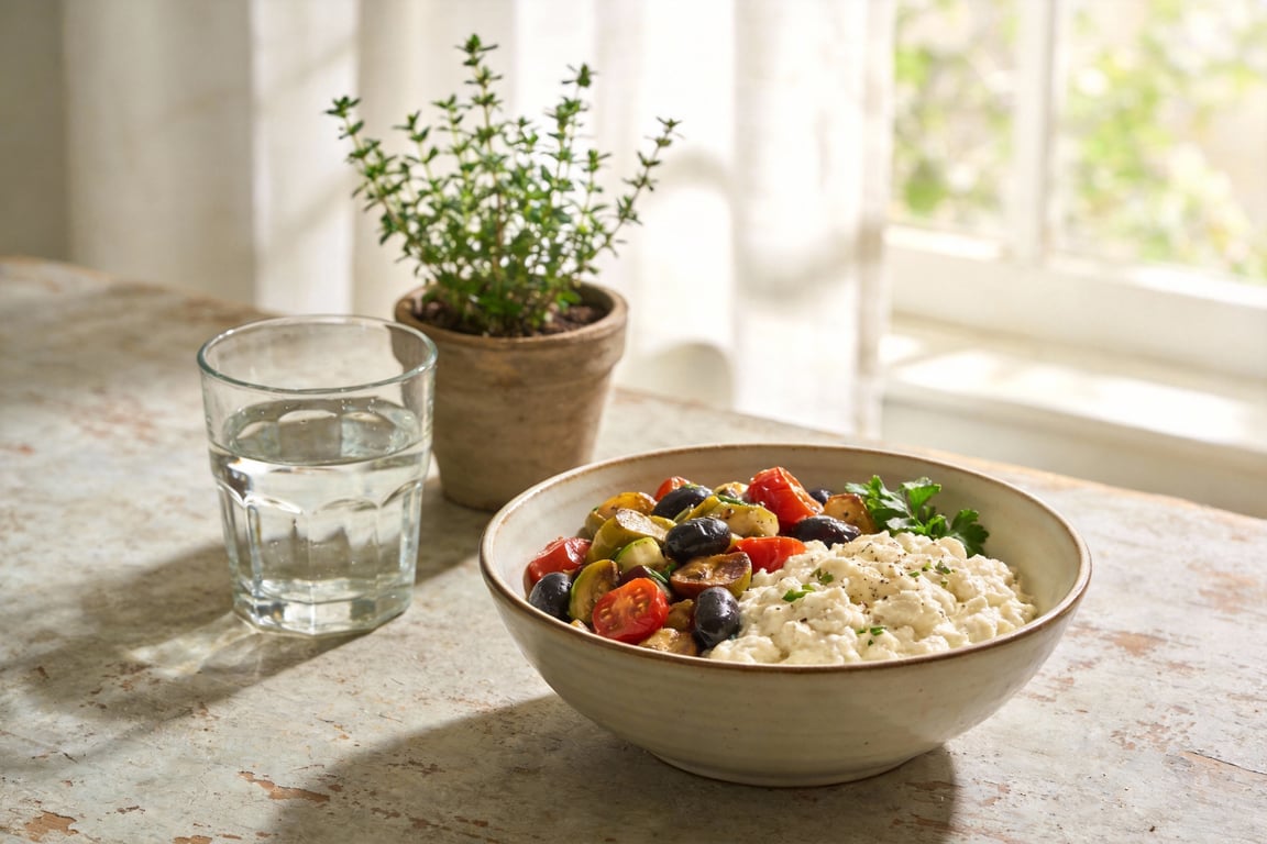 Finished High-Protein Savory Cottage Cheese Bowl with za'atar and olive oil