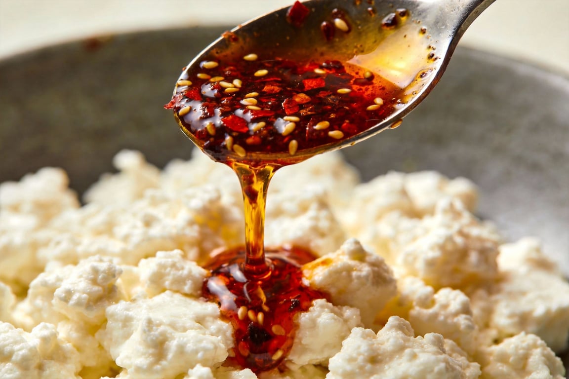 Drizzling Salsa Macha cottage cheese