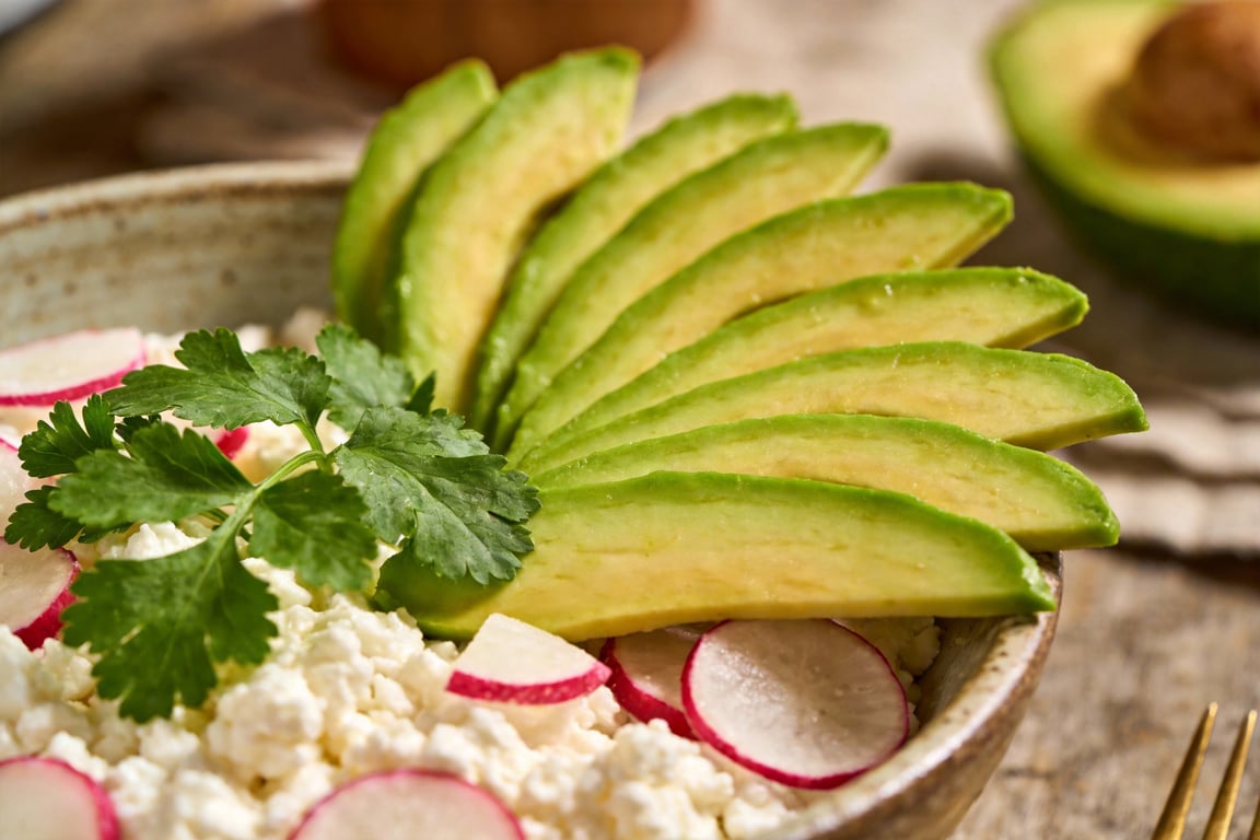 Mexican savory breakfast bowl with avocado and radish